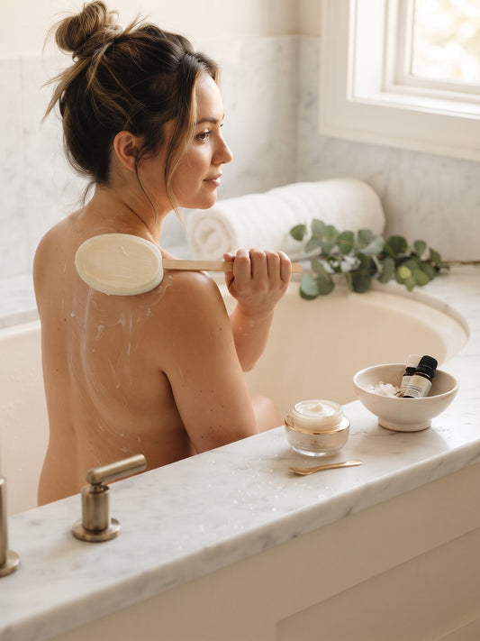 A woman in a bathroom sits i while applying lotion on her back with a large wooden applicator. A small bowl with a bottle, a jar, and bath salts sit on the marble counter nearby, with a window and greenery in the background.