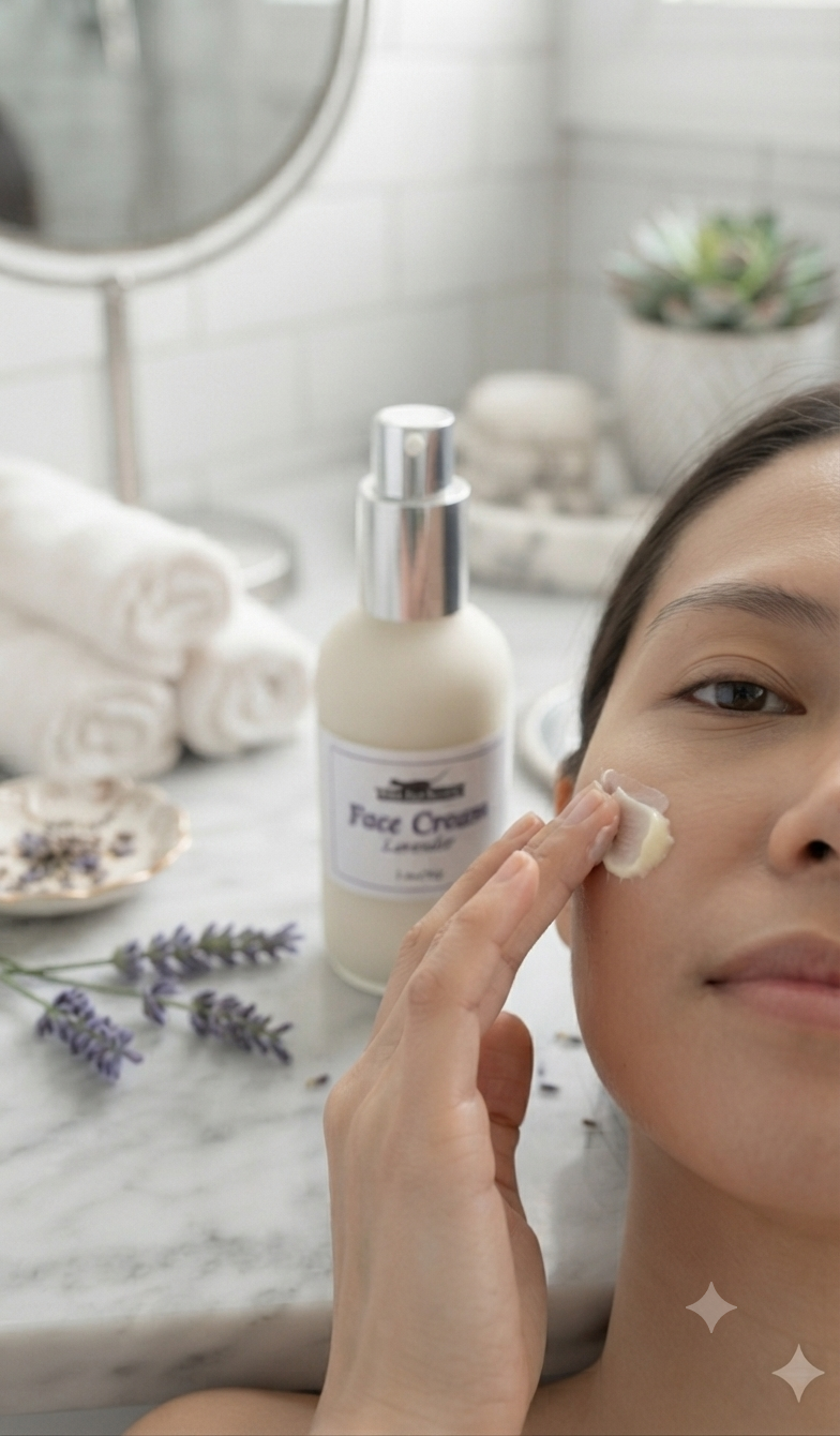 A woman applies cream face cream to her cheek next to a bottle of lavender face cream on a marble bathroom counter.