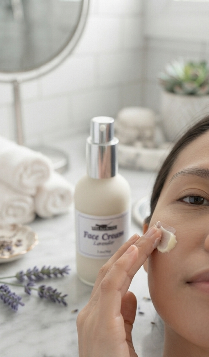 A woman applies cream face cream to her cheek next to a bottle of lavender face cream on a marble bathroom counter.