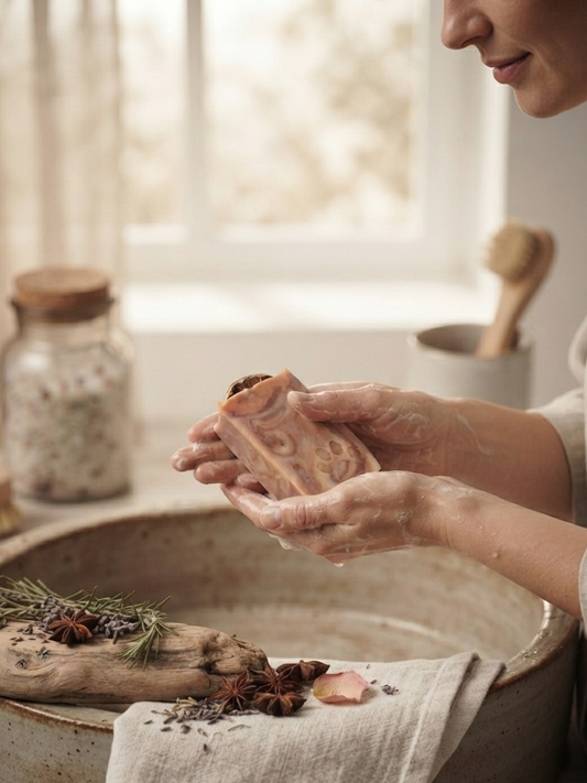 A person in a beige robe holds a bar of Orange Clove handmade soap over a rustic ceramic basin with dried botanicals and a linen towel, in a softly lit bathroom setting.