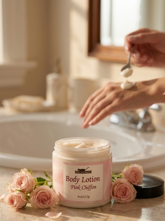Body lotion jar labeled 'Pink Chiffon' on a marble surface with pink roses, in a bathroom setting.