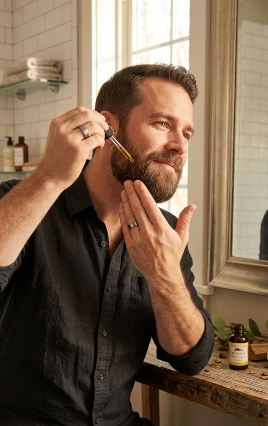 Man applying beard oil in front of a mirror in a bathroom.