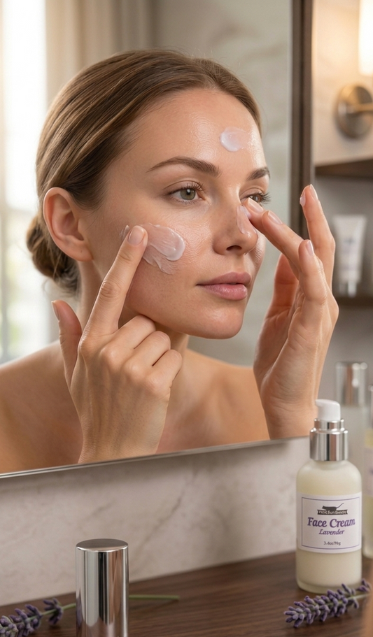 Woman applying Lavender Face cream to her face in front of a mirror with skincare products on a counter.