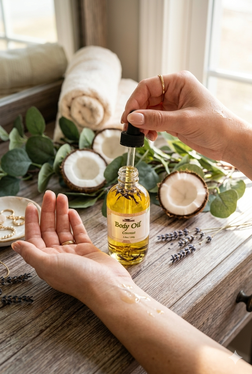 Person applying coconut oil to their hand with a bottle of coconut body oil on a wooden table.