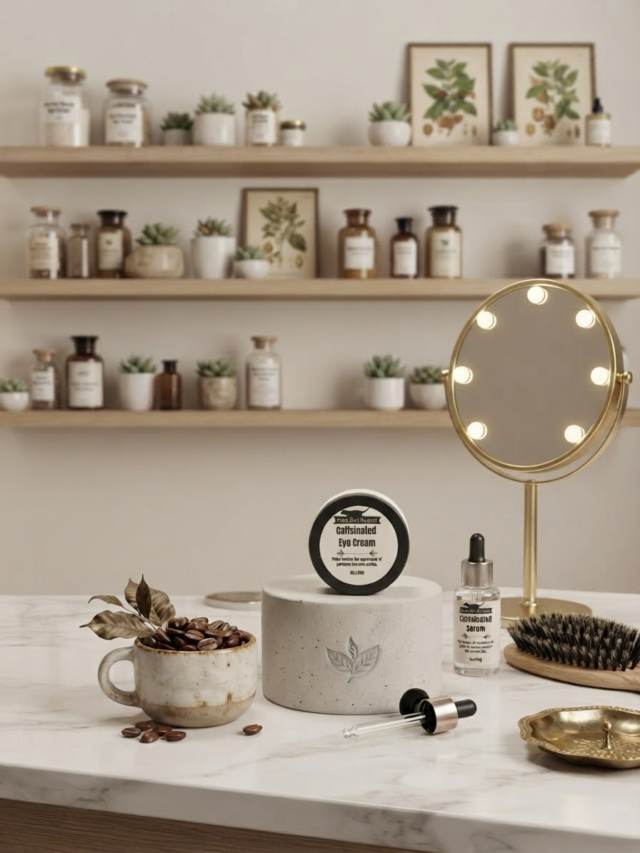 A styled skincare vanity scene with a round gold-framed mirror, a small jar of eye cream on a white pedestal, a dropper bottle, a brush, and other bathroom accessories on a marble surface. Shelves in the background hold framed botanical prints and assorted bottles and plants.