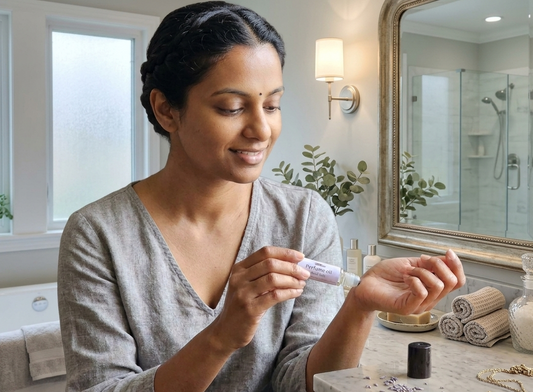 Woman applying Bomb Babe perfume oil in a bathroom setting