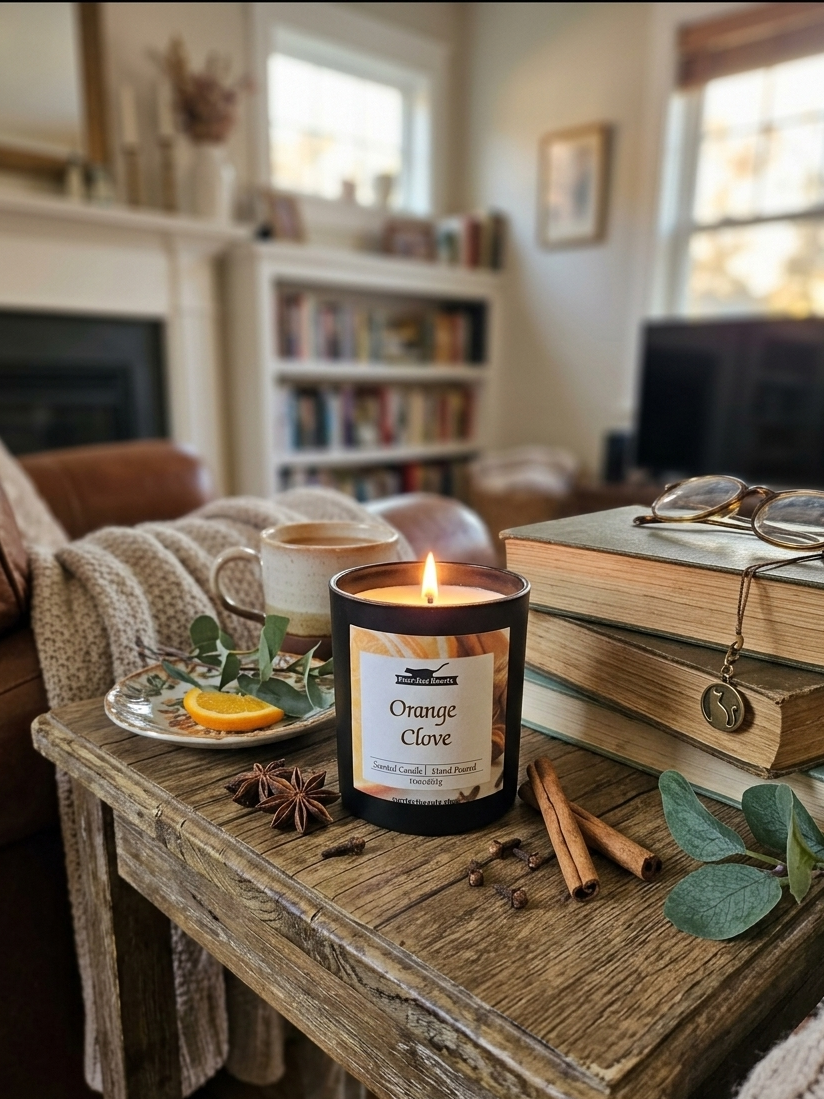Candle labeled 'Orange Clove' on a wooden table with books and a mug in a cozy living room.