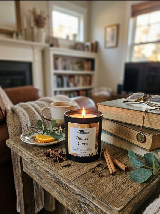Candle labeled 'Orange Clove' on a wooden table with books and a mug in a cozy living room.