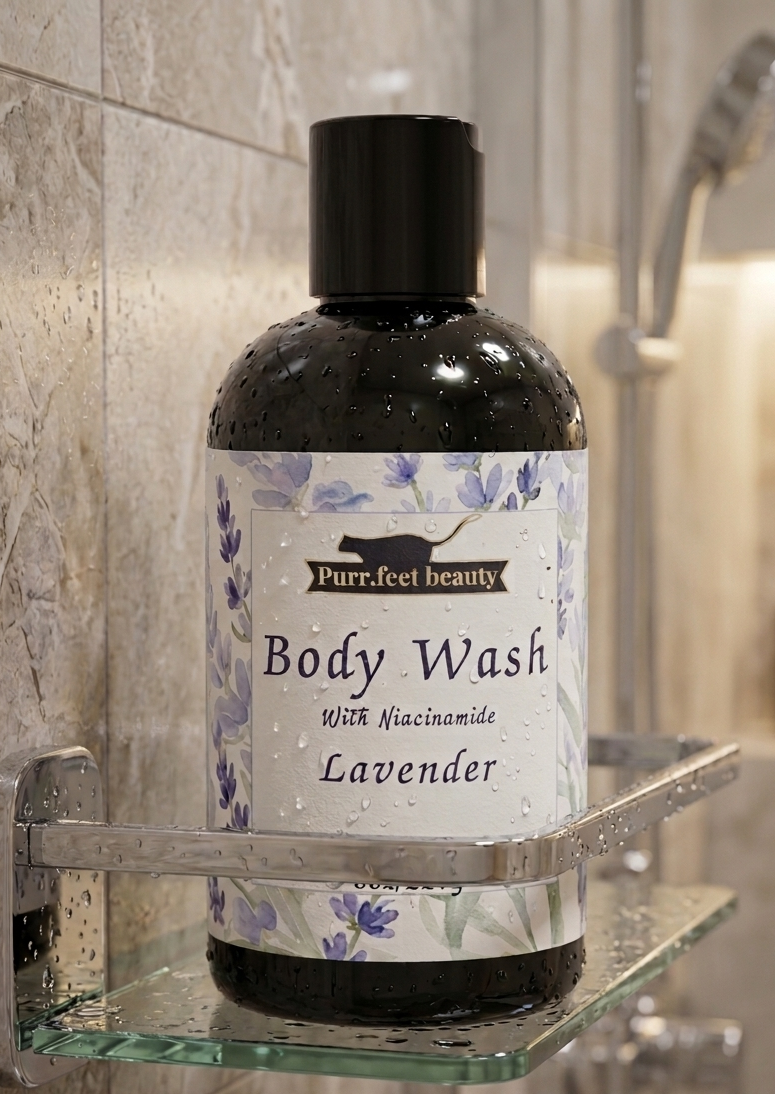 Purr.fect beauty Body wash bottle with lavender scent on a glass shelf in a bathroom.