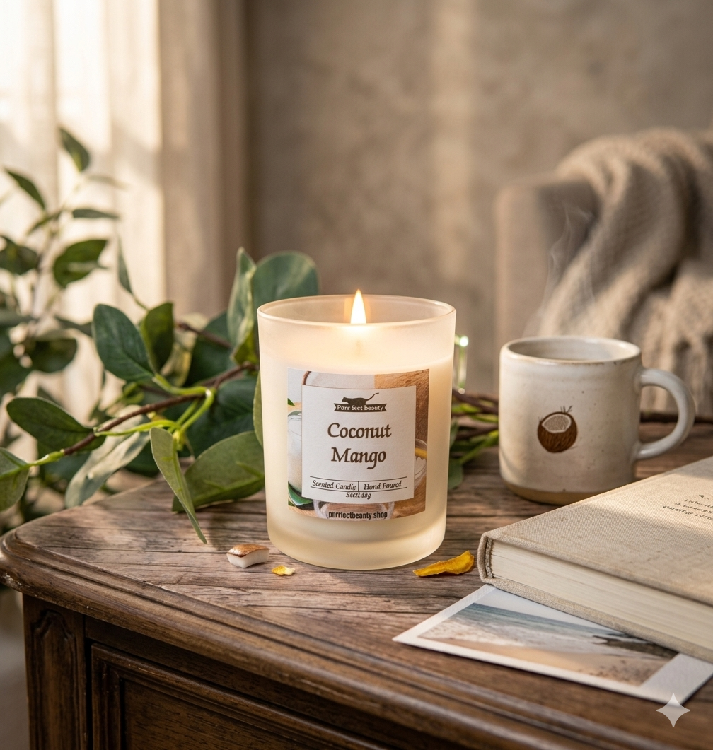 Coconut Mango candle on a wooden table with a mug and book in a cozy setting