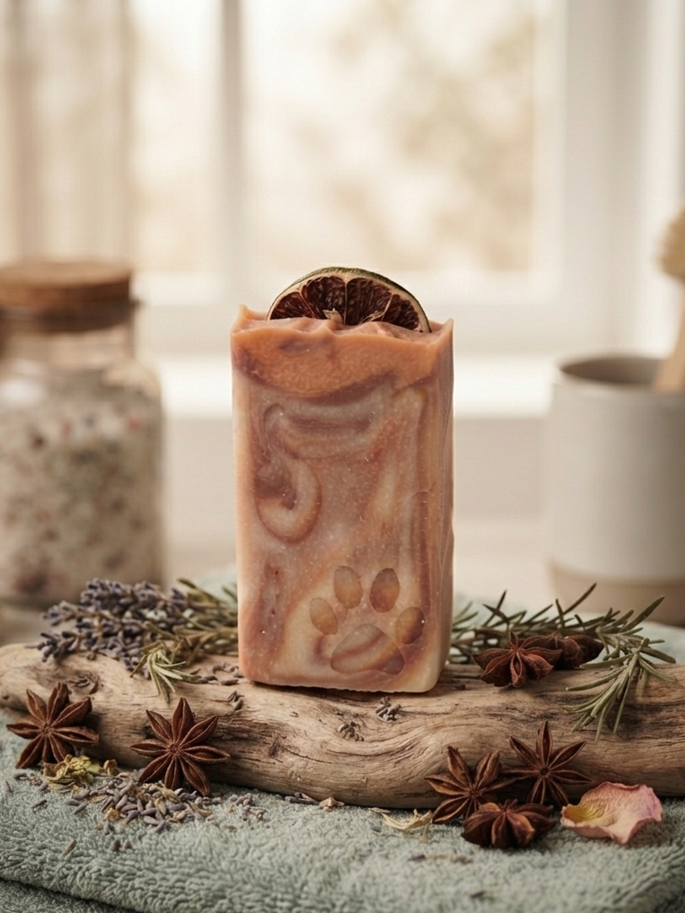 A rectangular bar of Orange Clove soap with a warm pink and brown marbled pattern and a paw print design, topped with dried citrus peel, displayed on a rustic wood slice over folded sage green towels with star anise and lavender sprigs.