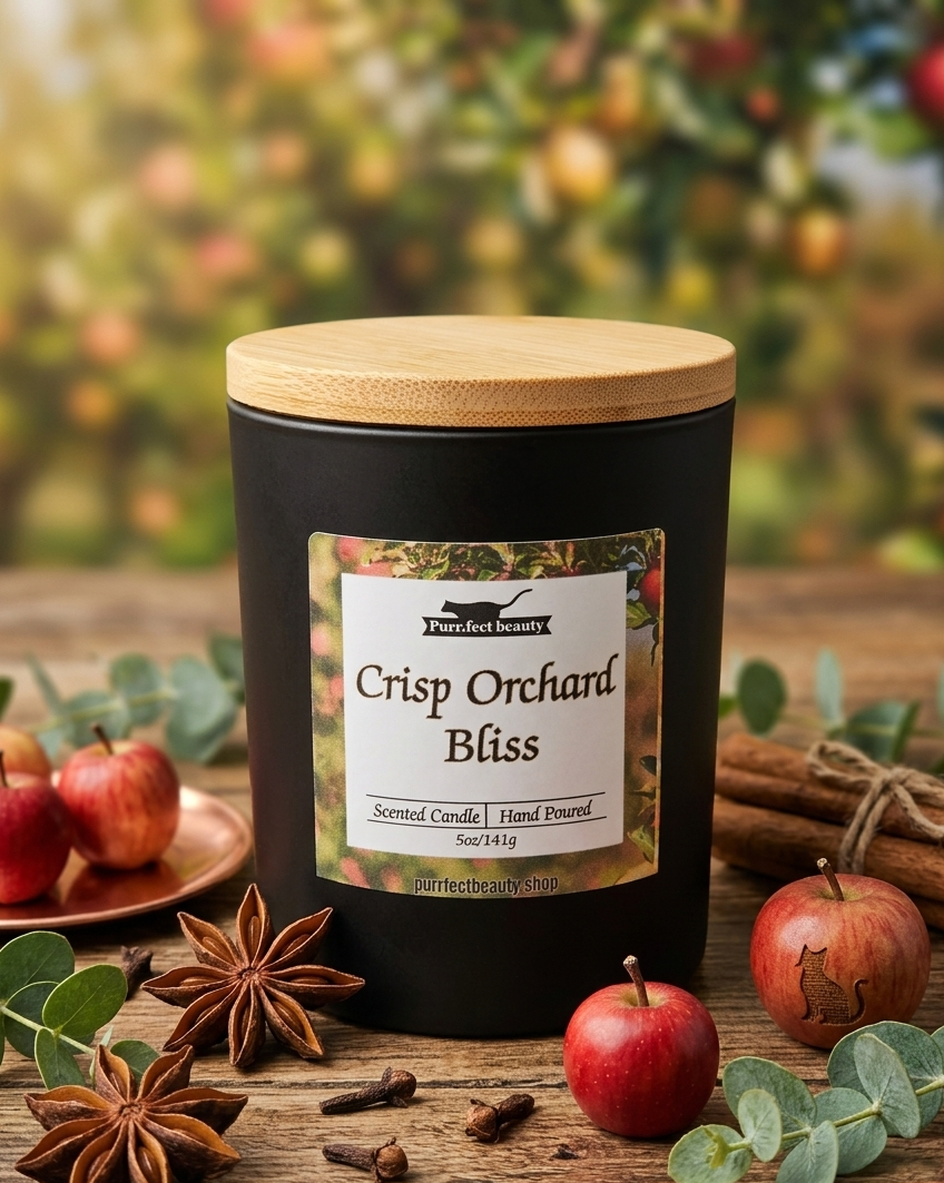 Candle labeled 'Crisp Orchard Bliss' with apples and spices on a wooden surface