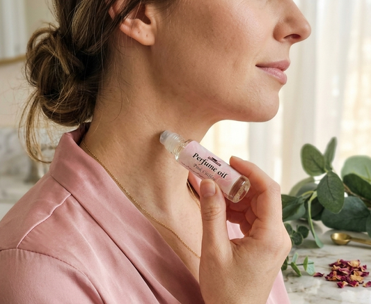 Woman applying Pink Chiffon perfume oil to her neck with a blurred background