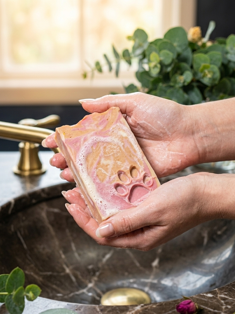 Person holding a bar of Pink Chiffon soap over a marble sink with greenery in the background