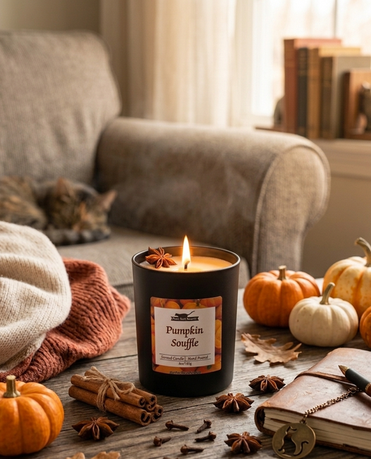 Candle labeled 'Pumpkin Souffle' on a table with pumpkins, leaves, and a cat in the background.