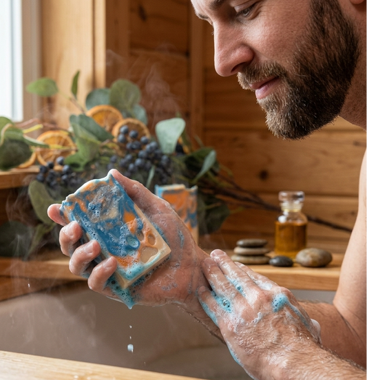 Man holding a bar of soap with a wooden interior background