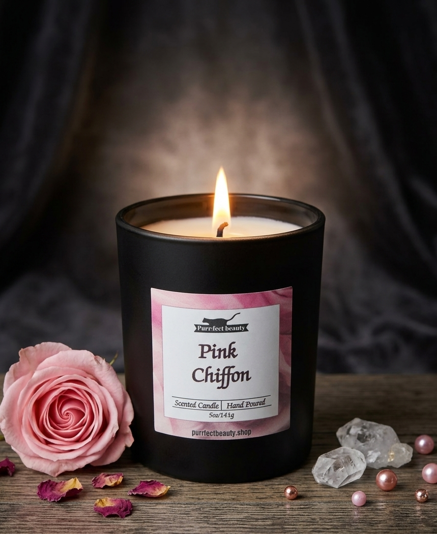 Candle labeled 'Pink Chiffon' with a pink rose and decorative elements on a dark background