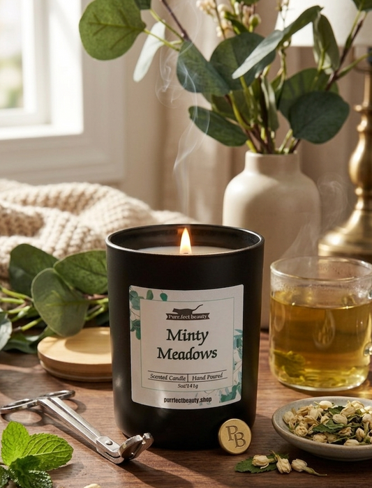 Candle labeled 'Minty Meadows' on a table with tea and mint leaves.