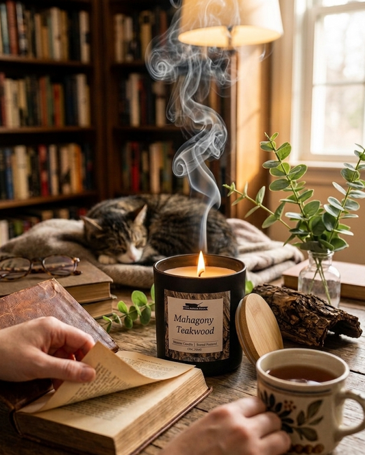 Person reading a book with a lit candle and cup of tea on a wooden table in a cozy room.