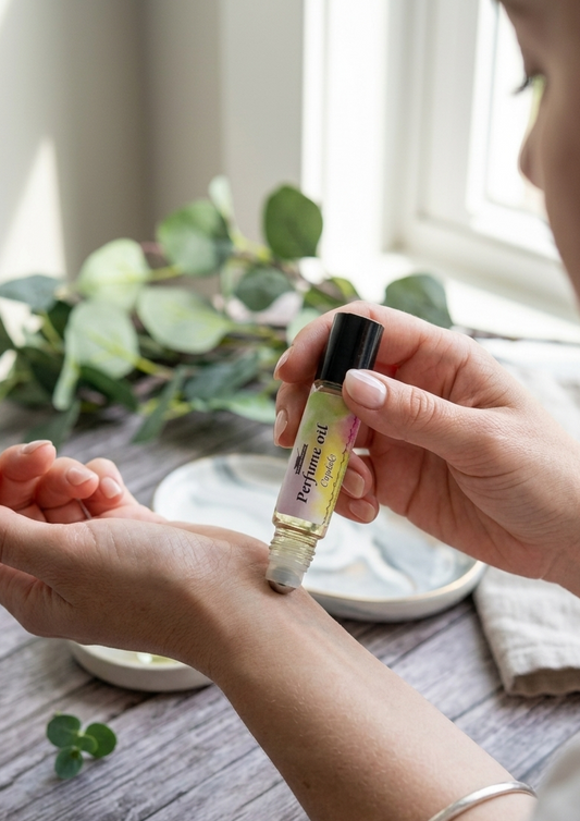 Person applying a roll-on bottle of perfume oi called cupcake by Purr.fect beautyl to their wrist with a natural setting.