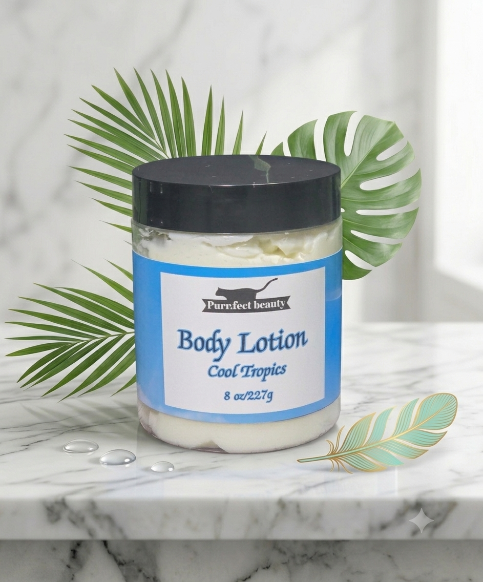 Body Lotion labeled Cool Tropics with tropical leaves in the background.