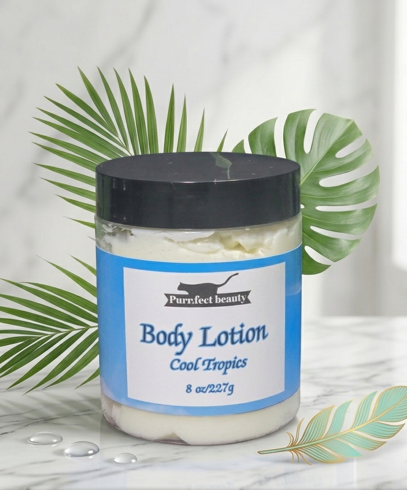 Body Lotion labeled Cool Tropics with tropical leaves in the background.