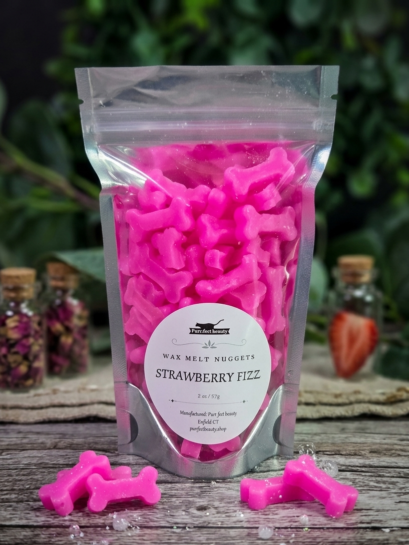 Pink wax melt nuggets in a clear packaging bag labeled 'Strawberry Fizz' on a wooden surface with a natural background.