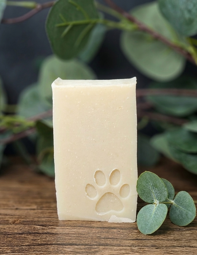 Bar of soap with a paw print design on a wooden surface with green leaves in the background