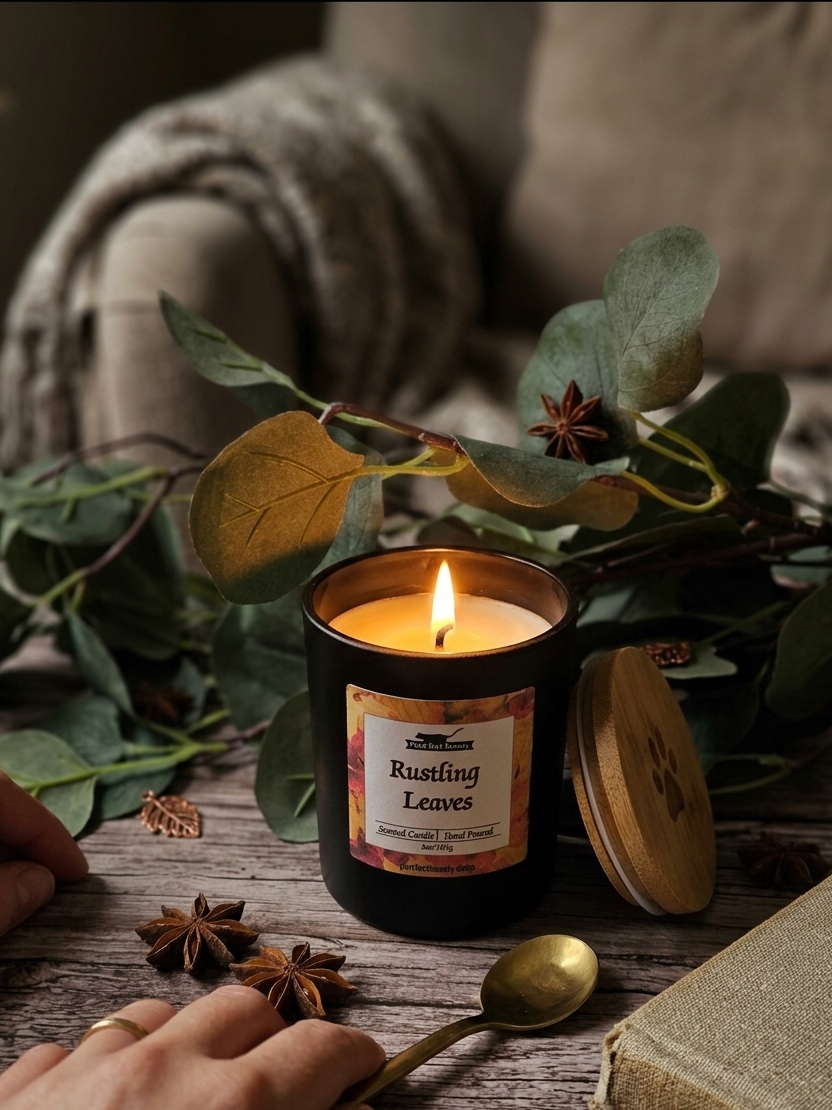 Candle with 'Rustling Leaves' label on a wooden surface with greenery and a book.