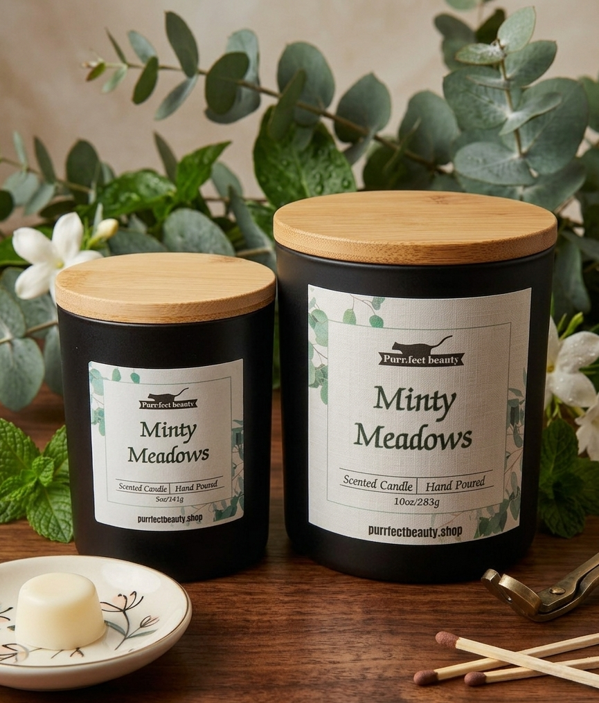 Two scented candles labeled 'Minty Meadows' on a wooden surface with greenery in the background.