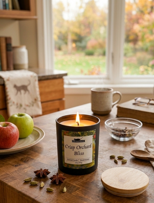 Crisp Orchard Bliss candle on a wooden table with apples and a mug in the background