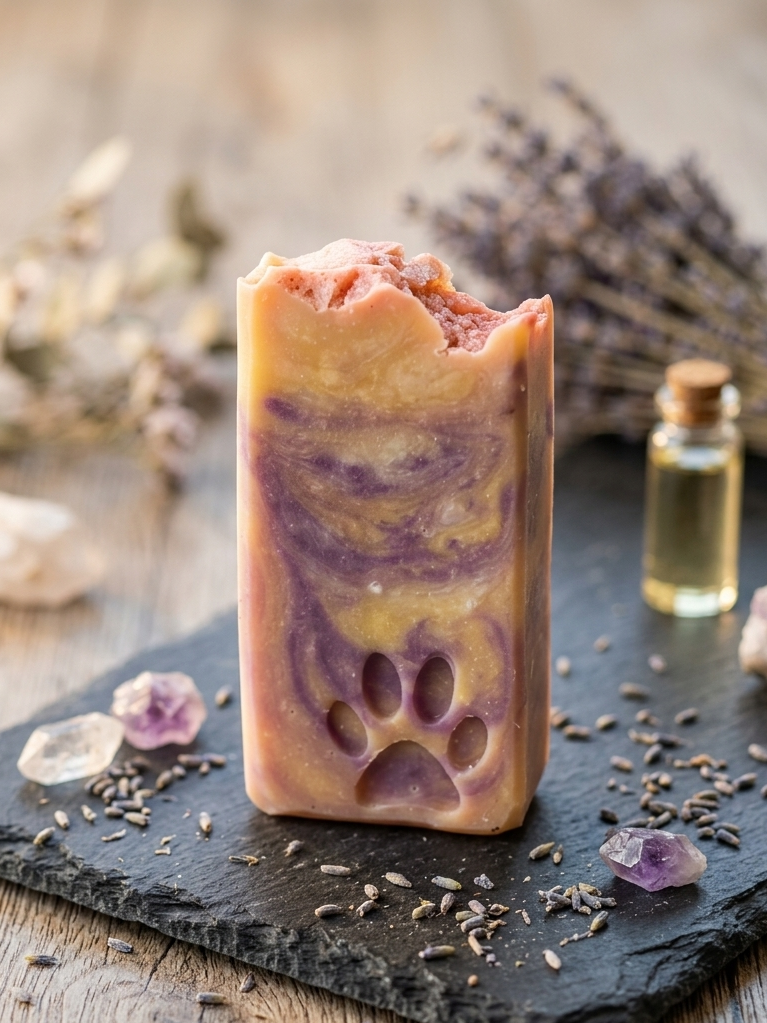 Handcrafted soap bar with purple swirls on a slate surface with lavender flowers and crystals.