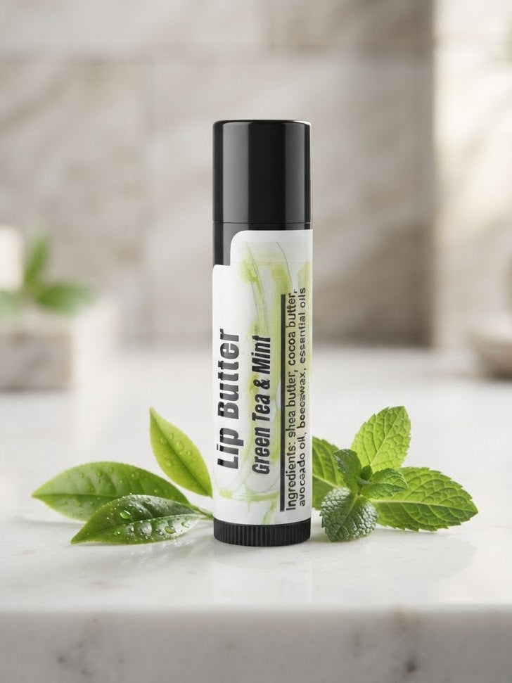 A tube of lip butter labeled Green Tea & Mint stands on a light marble surface with mint leaves around it. The product has a black cap and base with a white label featuring green tea leaf graphics.