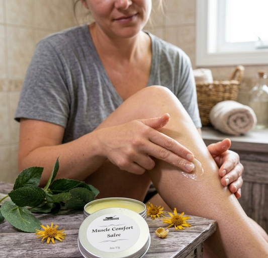Woman applying Muscle Comfort Salve to her leg with a wooden table and natural elements in the background.