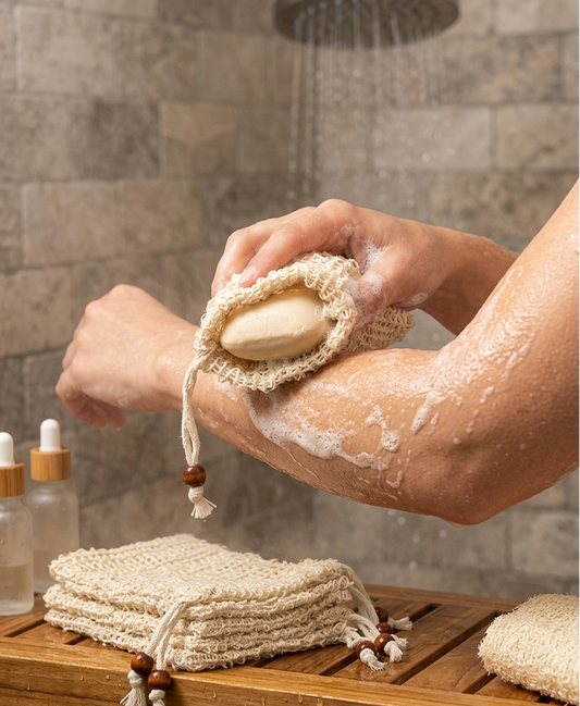 Person using a soap saver bag to scrub a soap bar with soap suds on a wooden tray.