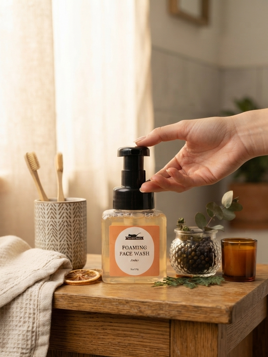 A hand reaches for the Purr.fect beauty pump dispenser of a foaming face wash on a wooden bathroom counter, surrounded by a textured towel, toothbrushes, a small glass jar, and an amber candle.