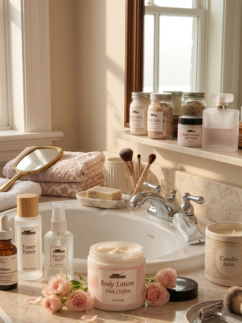 Bathroom counter with skincare products, candles, and flowers