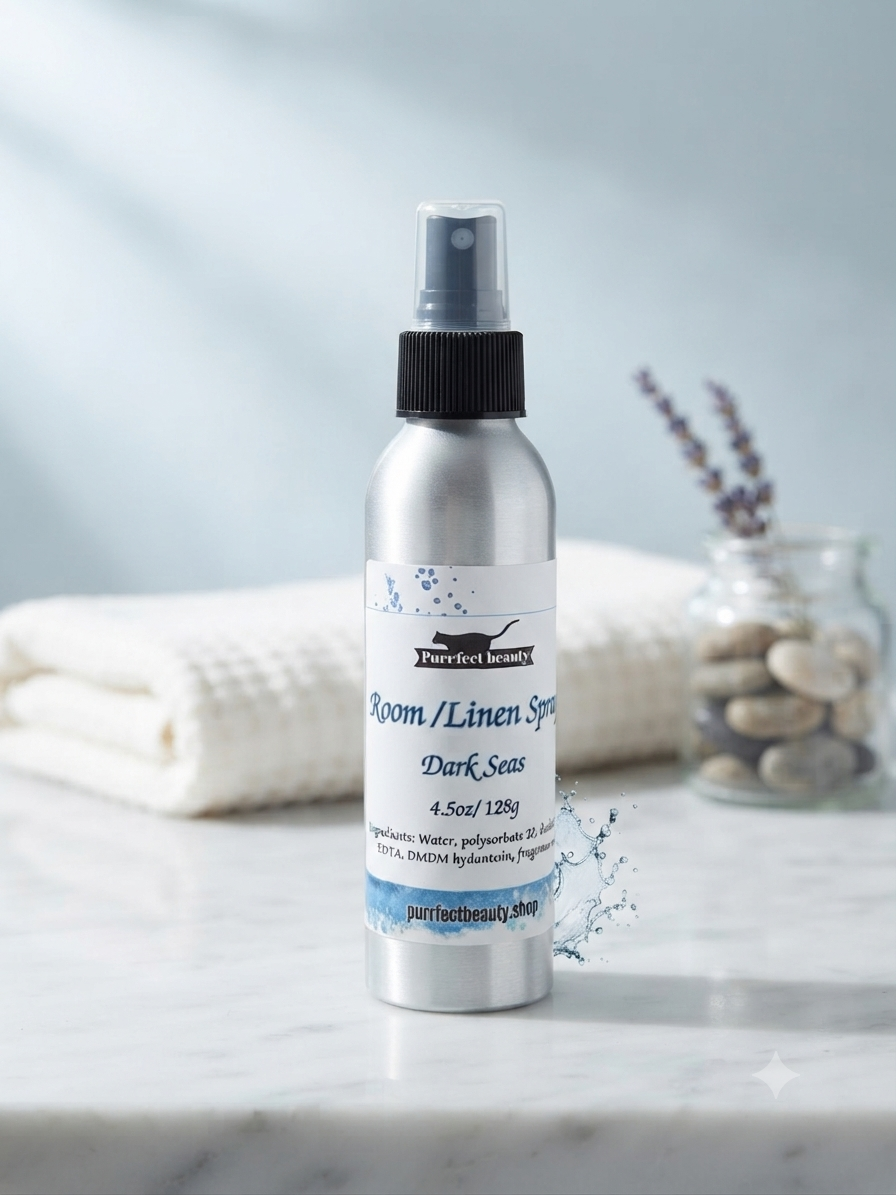 A silver spray bottle of Purr.fect Beauty Room/Linen Spray in the Dark Seas scent, standing on a white marble surface with a folded white towel and a glass jar of stones in the background.