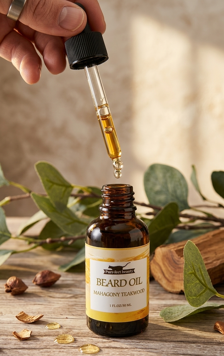 Beard oil bottle with dropper on a wooden surface with leaves
