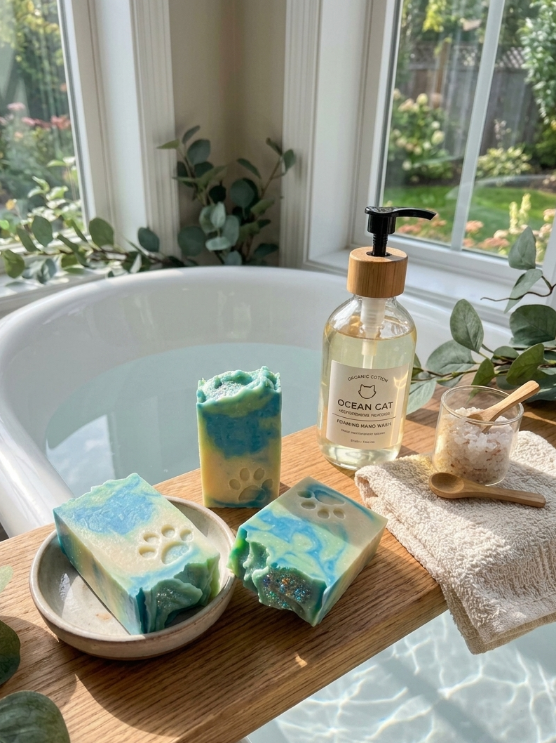 Bath setup with bath bombs, soap, and a bottle labeled 'Ocean Cat' in a sunlit bathroom.