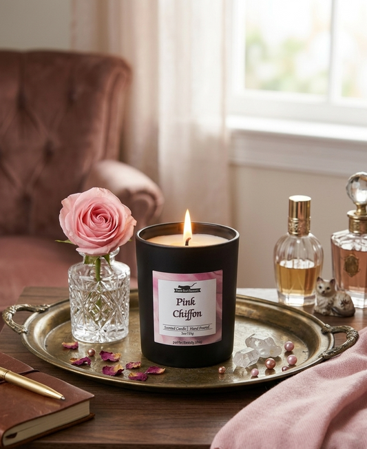 Candle labeled 'Pink Chiffon' on a tray with a rose, perfume bottles, and a book in a cozy room.