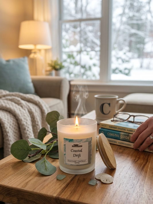 Candle on a wooden table with a cozy living room background