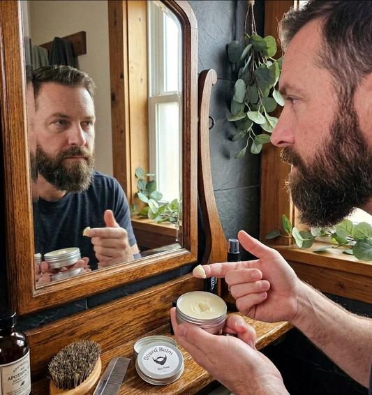 Man applying beard balm to his face in front of a mirror with grooming products on a wooden tray.