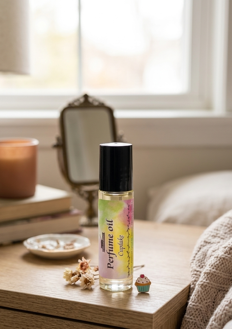 Perfume oil bottle on a wooden surface with a blurred background