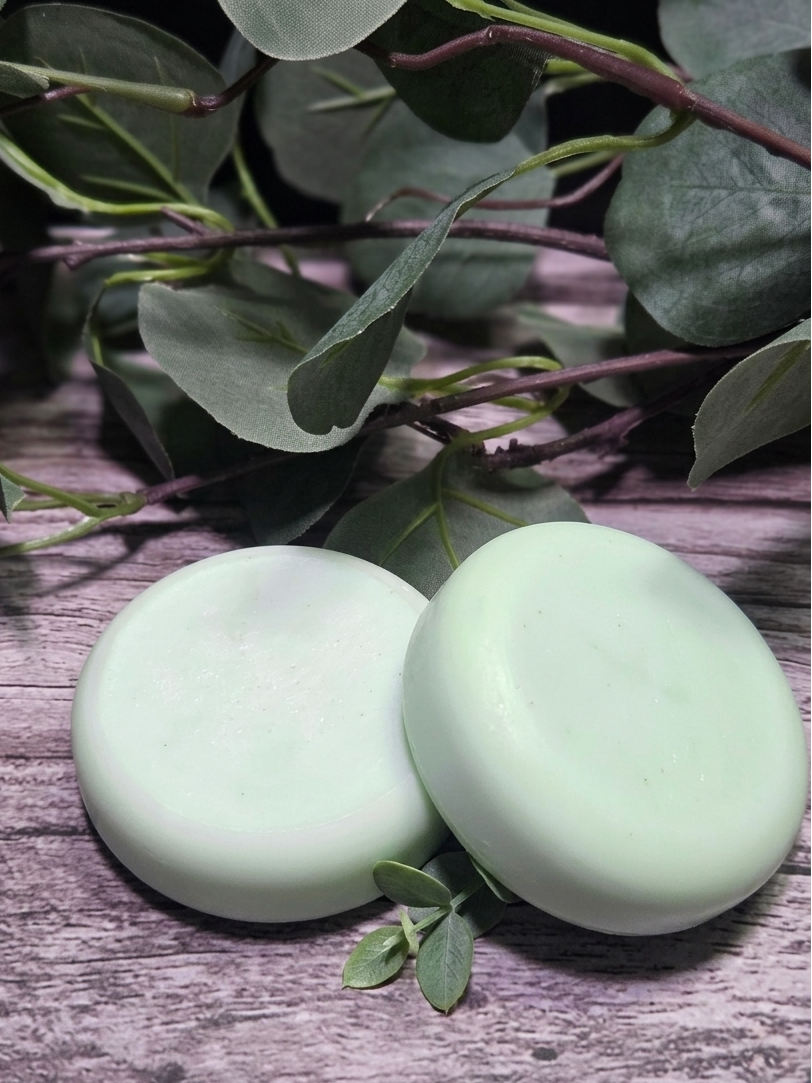 Two light green rosemary mint shampoo bars on a wooden surface with eucalyptus leaves.