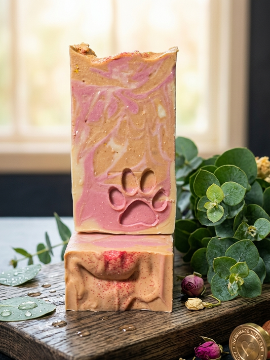 Two Pink Chiffon soap bars with a paw print design on a wooden surface with greenery in the background.