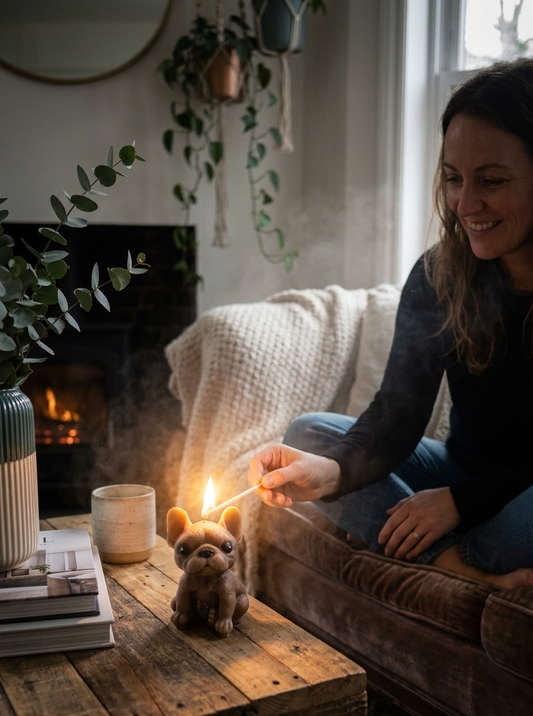 Woman lighting a small dog-shaped candle on a wooden table in a cozy living room.