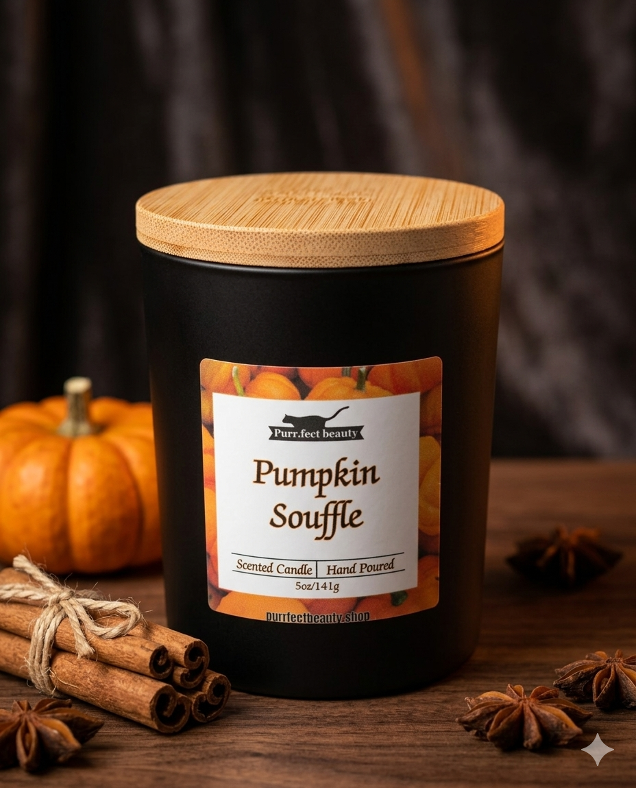 Black candle jar with wooden lid labeled 'Pumpkin Souffle' on a wooden surface with pumpkins and cinnamon sticks.