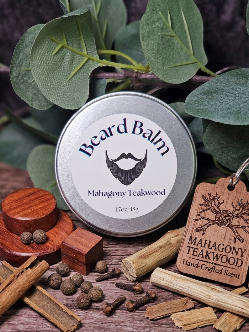 Beard balm tin with wooden components and spices on a wooden surface