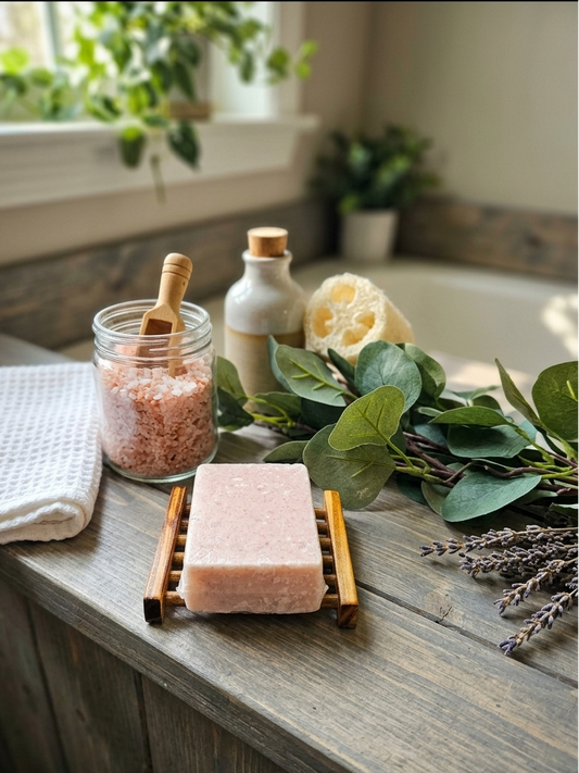Bath salts, soap, and lavender on a wooden surface with plants in the background